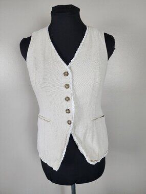Bagatelle Button Sleeveless Vest Cream Beige Lace Regency Boho Cottage Folk Chic